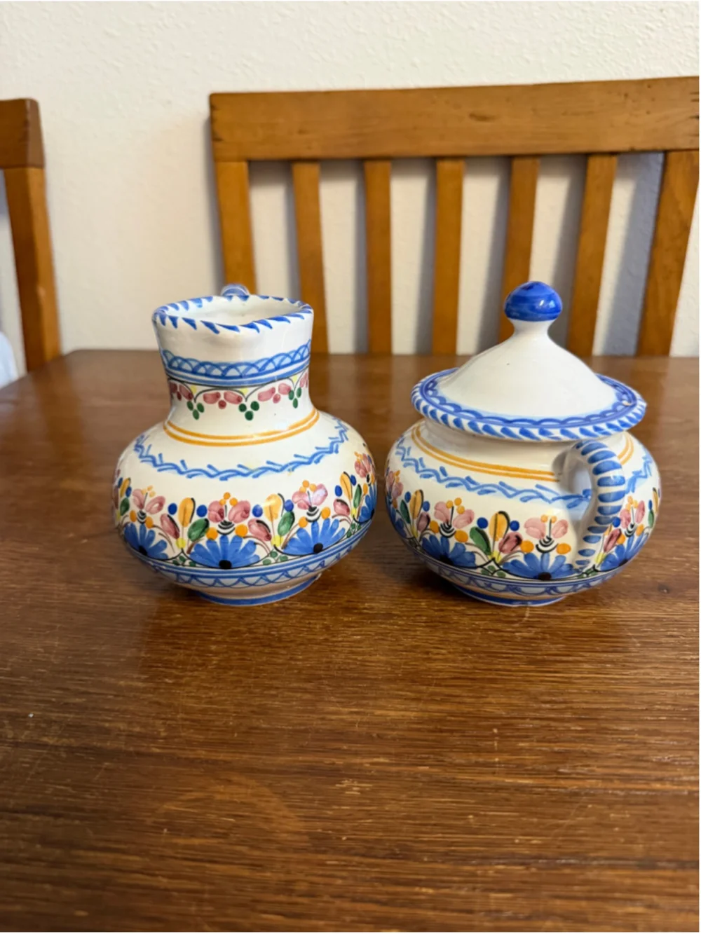 Vintage A.H. Puente Hand Painted Spanish Pottery Creamer & Covered Sugar Bowl Se